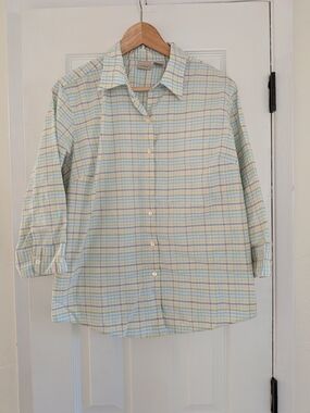 L.L. Bean Women's Blue/Green/Yellow Plaid 3/4 Sleeve Button Up Shirt Size Large